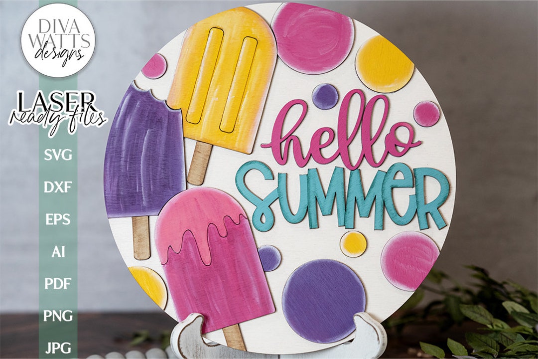 Laser Cut Door Hanger SVG | Hello Summer SVG Sign File | DIY Round Wood ...