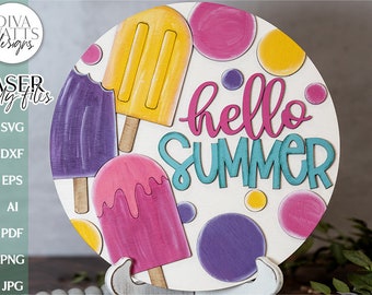 Laser Cut Door Hanger SVG | Hello Summer SVG Sign File | DIY Round Wood Sign Template | Glowforge xTool Laser Cut File for Crafters