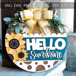 Accroche-porte Hello Sunshine SVG, fichier de découpe laser tournesol rond signe, décoration de porche de ferme, Glowforge et Xtool SVG | Décoration tournesol
