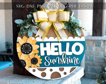 Hello Sunshine Door Hanger SVG, Sunflower Round Sign Laser Cut File, Farmhouse Porch Decor, Glowforge and Xtool SVG | Sunflower Decor