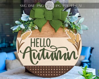 Hello Autumn Round Door Hanger SVG Laser Cut File | Fall Porch Sign Digital Download for Glowforge, xTool, OMTech | DIY Layered Sign