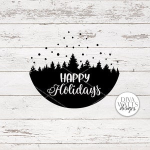May include: Black and white graphic design of a circle with a silhouette of a forest and falling snow. The text "Happy Holidays" is written in a cursive font inside the circle.