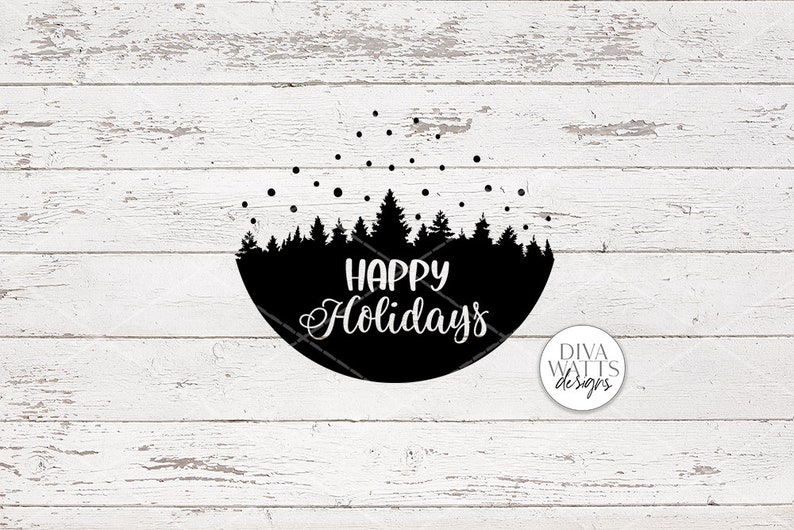 May include: Black and white graphic design of a circle with a silhouette of a forest and falling snow. The text "Happy Holidays" is written in a cursive font inside the circle.