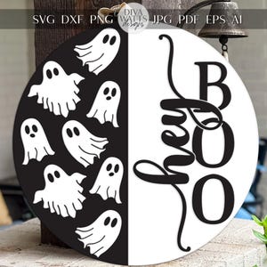 Laser Cut Door Hanger SVG | Hey Boo Ghost Sign | DIY Round Sign Template | Digital SVG for Glowforge xTool | Halloween Porch Decor