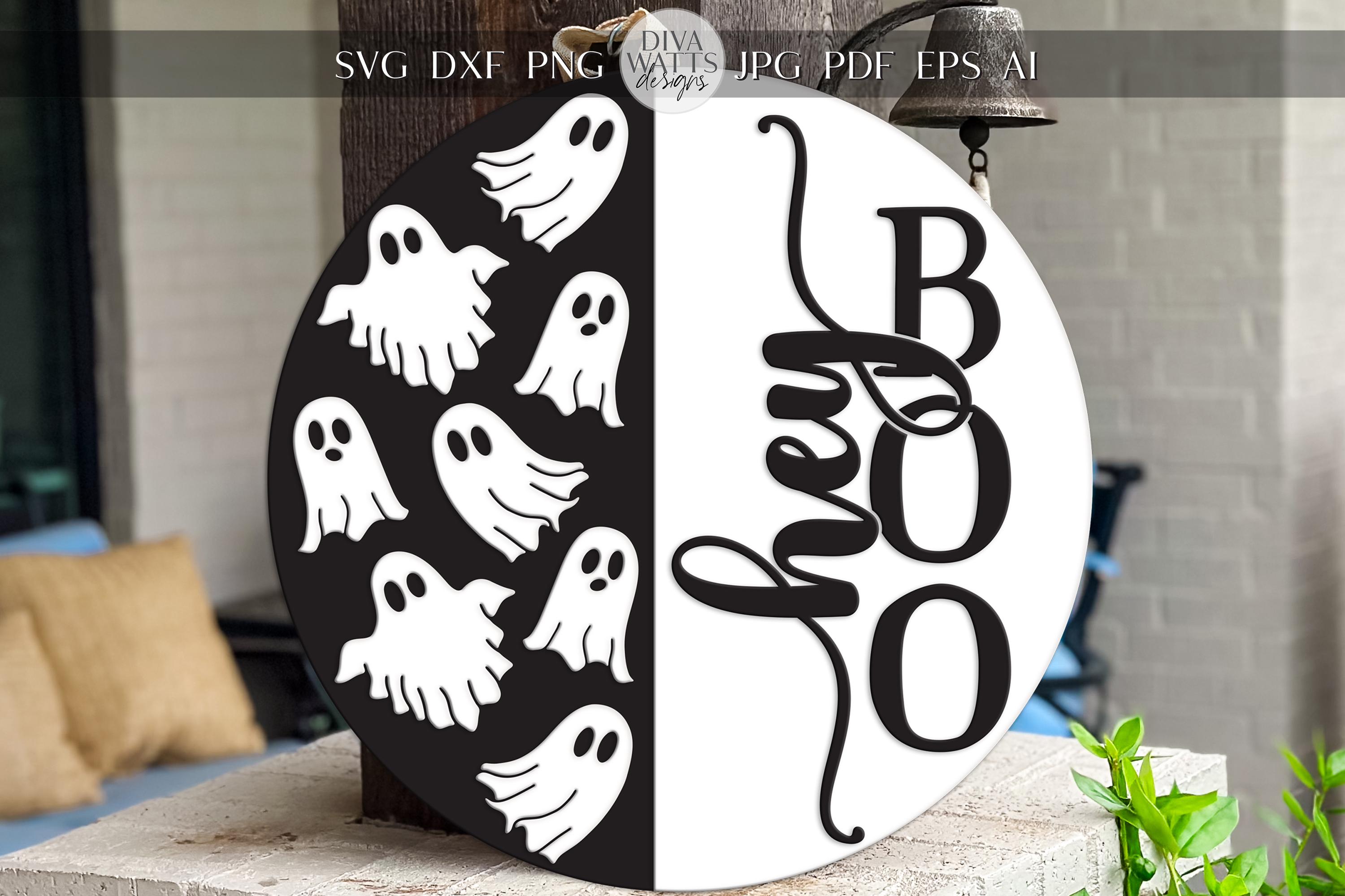 Laser Cut Door Hanger SVG | Hey Boo Ghost Sign | DIY Round Sign Template | Digital SVG for Glowforge xTool | Halloween Porch Decor