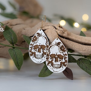 Skull and Flowers Earrings SVG | Tear Drop Laser Earrings | Dangle Earrings