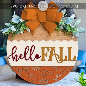 Hello Fall Round Door Hanger SVG Laser Cut File, Autumn Porch Sign SVG for Glowforge xTool OMTech, Layered Wood Sign Digital Download