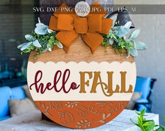 Hello Fall Round Door Hanger SVG Laser Cut File, Autumn Porch Sign SVG for Glowforge xTool OMTech, Layered Wood Sign Digital Download