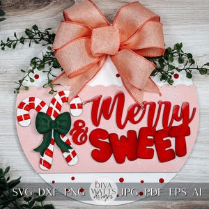Merry & Sweet Candy Cane Door Hanger SVG - Holiday Scallop Design - Festive Laser Cut File - Christmas Home Decor - DIY Craft Template