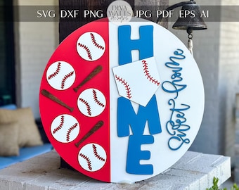 Laser Cut Door Hanger SVG | Baseball HOME Sweet Home Sign svg File | DIY Round Wood Sign Template | Glowforge xTool Laser Cut File