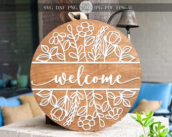 Laser Cut Door Hanger SVG | Welcome Sign SVG File | Round Wood Sign Template | DIY Floral Door Sign Glowforge xTool Compatible