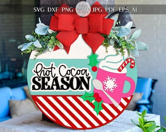 Heiße Kakao-Saison Runde Türschild SVG | Weihnachten Laser Cut Zeichendatei | Weihnachtstasse Cocoa Cup Template für Glowforge xTool OMTech