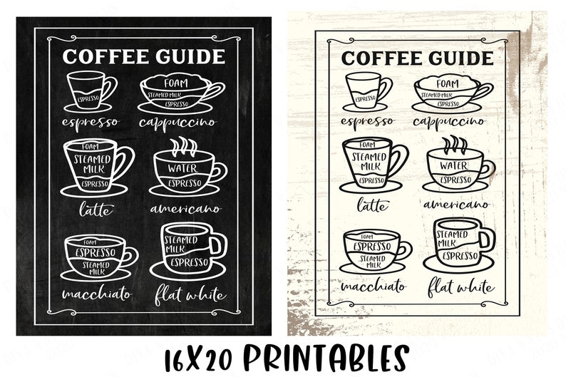May include: Two printable coffee guides, one on a black background and one on a white background, with illustrations of different coffee drinks and their ingredients. The text on the guides reads "Coffee Guide" and includes the names of the drinks: espresso, cappuccino, latte, americano, macchiato, and flat white. The guides are labeled "16x20 Printables".