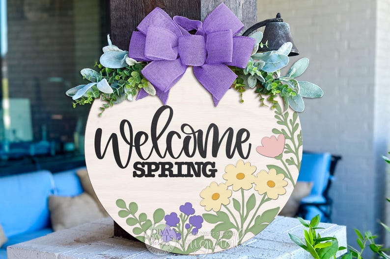 Welcome Spring Door Hanger SVG Laser Cut File Round Floral Spring Sign ...