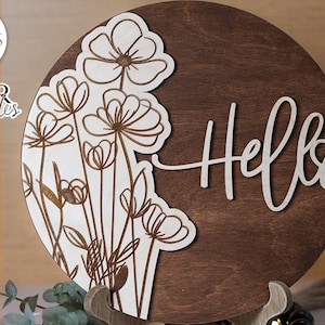 Hello With Wildflowers Glowforge Laser SVG | Floral Door Hanger Design