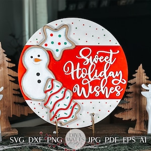 Archivo SVG cortado con láser con dulces deseos navideños - Colgador de puerta con muñeco de nieve navideño SVG - Diseño de galleta navideña cortado con láser SVG