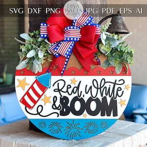Rood wit en Boom SVG, patriottische deurhanger lasergesneden bestand, 4 juli SVG, gelaagde 3D-laserteken vuurwerk veranda decor, Glowforge, xTool