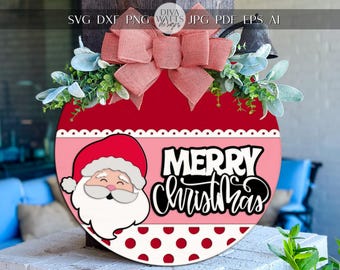 Laser Cut Door Hanger SVG | Merry Christmas Santa Sign | Round Porch Decor Template | DIY SVG for Glowforge xTool | Holiday Cut File