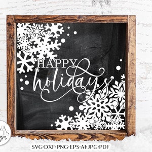 Happy Holidays With Snowflakes SVG | Farmhouse Square Design