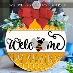 Laser Cut Door Hanger SVG | Bee Welcome Sign Template | Honeycomb Round SVG for Glowforge xTool | DIY Porch Decor Cut File