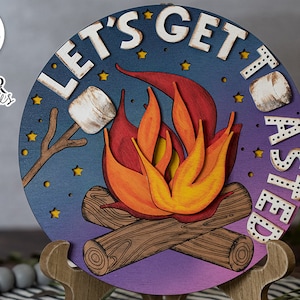 Let's Get Toasted Glowforge SVG | Laser Cutting File With Campfire and Marshmallows Door Hanger Design