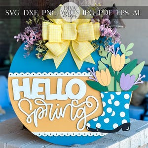 Hallo Frühling Türschild SVG, Tulpe Boot Laser geschnitten Datei, Frühling Zeichendesign, Glowforge SVG, Willkommen Blumen Dekor
