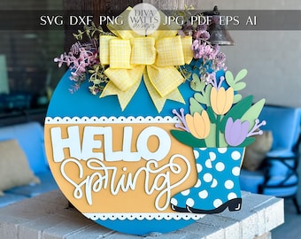 Hallo Frühling Türschild SVG, Tulpe Boot Laser geschnitten Datei, Frühling Zeichendesign, Glowforge SVG, Willkommen Blumen Dekor