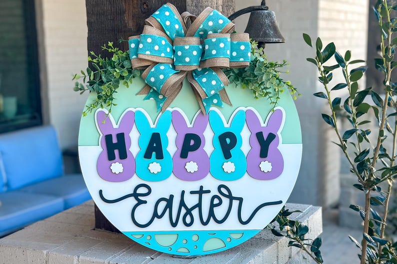 Happy Easter Bunny Door Hanger SVG, Round Laser Cut File for Glowforge ...