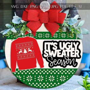 Ugly Sweater Season Round Door Hanger SVG Christmas Sign Digital Cut File for Glowforge xTool OMTech Holiday Porch Door Decoration