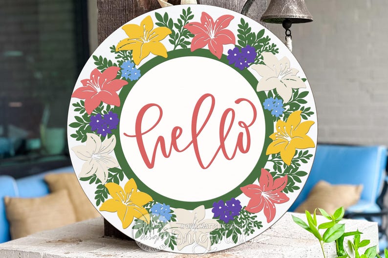 Hello Lily Floral Round Door Hanger SVG File for Laser Cutting, Spring ...
