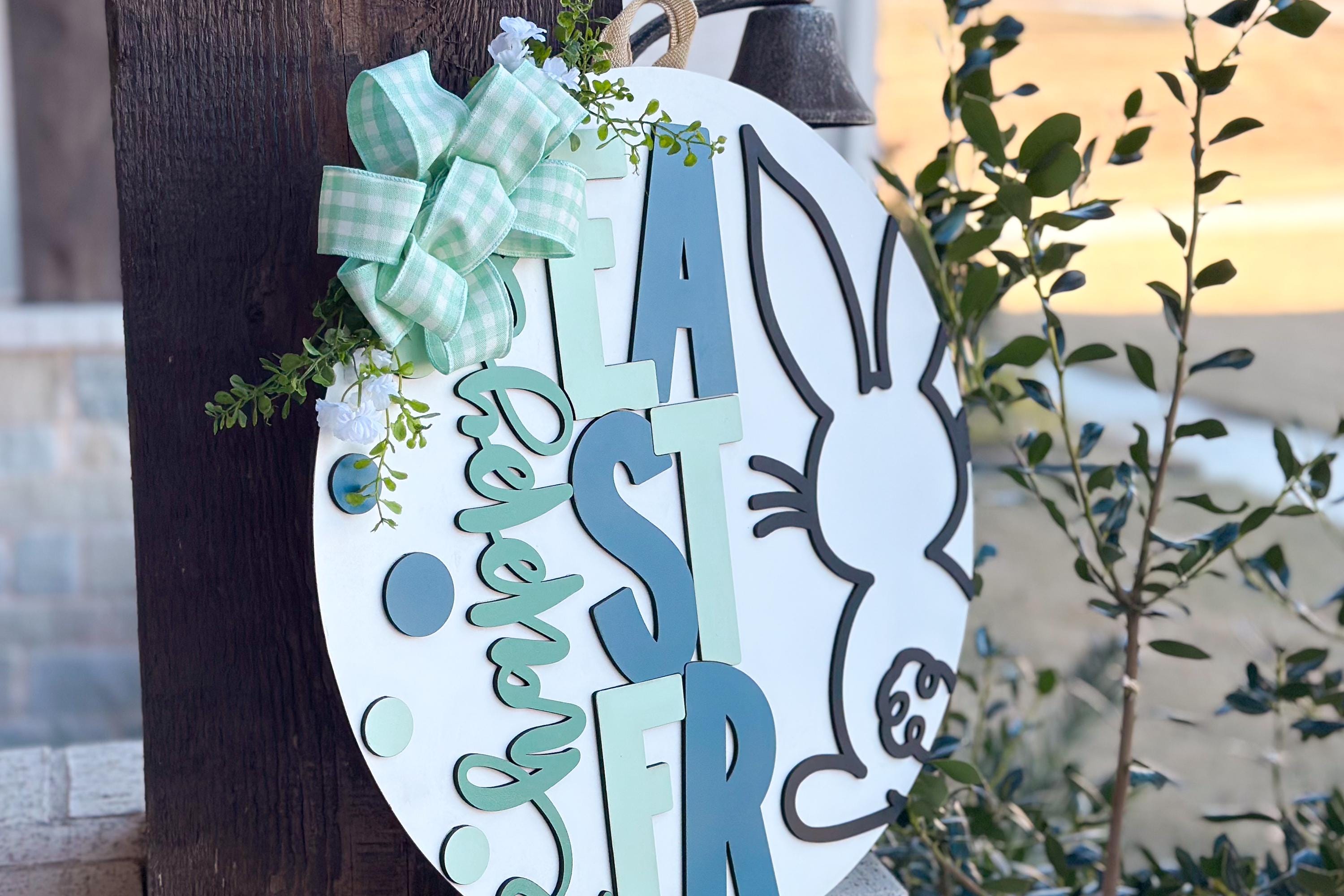 Easter Door Hanger SVG, Bunny and Lettered Laser Cut File, Round Sign ...