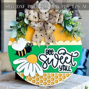 Bee Home Sweet Home SVG Laser File | Honeycomb Round Door Hanger SVG for Laser Cutting | Bumblebee Farmhouse Sign Summer Decor