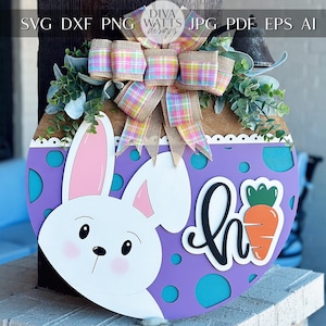 Salut lapin Pâques accroche-porte SVG | Fichier découpé au laser en couches 3D | Adorable enseigne de lapin printanier pour Glowforge et Xtool | Déco de Pâques à la ferme