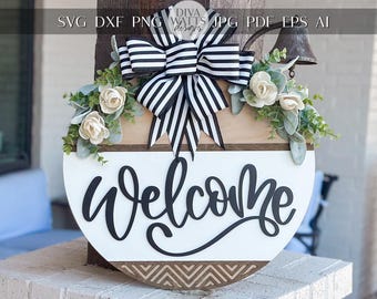 Welcome Sign SVG Laser Cut File, Round Door Hanger SVG, Farmhouse Welcome Sign Layered 3D Laser File Glowforge Wood Cut File | Geometric SVG