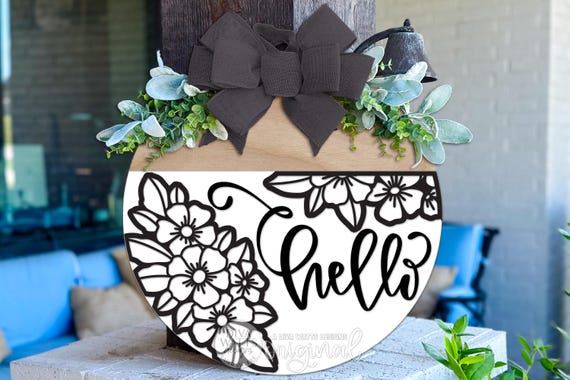 Floral Round Door Hanger SVG Hello Sign Split Design Laser Cut File for Front Door Porch Decor DIY Welcome Sign Glowforge