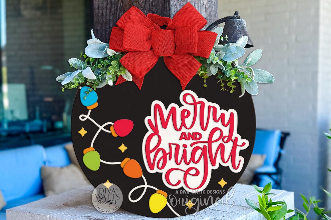 Merry and Bright Christmas Lights Round Door Hanger SVG | Layered ...
