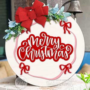 God jul rund dörrhängare SVG | Coquette rosett lagers laserskuren fil | Holiday Porch skylt för Glowforge xTool OMTech