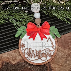 Merry Christmas Ornament SVG - Rustic Holiday Laser Cut File with Bow & Greenery - Christmas Decoration