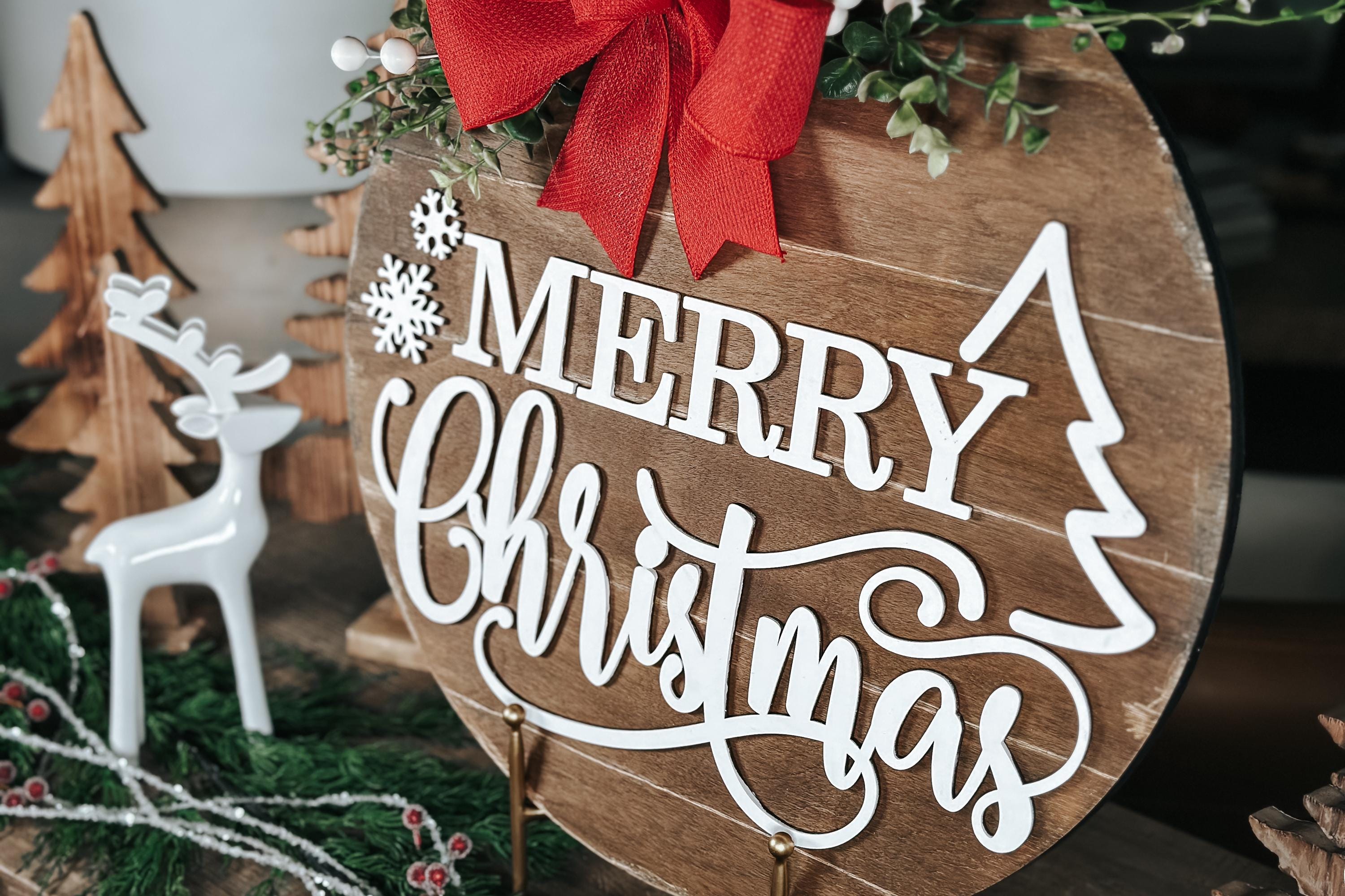 Merry Christmas Door Hanger SVG - Rustic Holiday Decor Laser Cut File ...