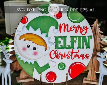 Merry Elfin Christmas SVG - Elf Door Hanger Laser Cut File - Holiday Decor SVG for Christmas