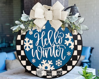 Round Door Hanger SVG Hello Winter Door Hanger Winter Front Door Sign Snowflake Porch Decor Seasonal Entryway Decor Laser SVG