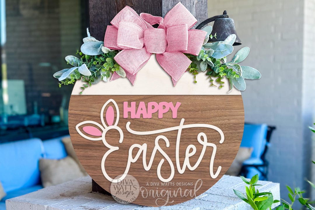 Happy Easter Bunny Ears Round Door Hanger SVG Laser Cut File, Spring ...