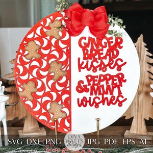 Gingerbread Kisses Peppermint Wishes Laser Cut SVG – Christmas Door Hanger SVG – Festive Gingerbread Peppermint Laser Cut File