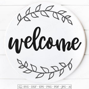 SVG / Bienvenida / Archivo de corte / Corona / Letrero circular / Plantilla de vinilo HTV / Saludo / Hola / Puerta de entrada / Porche / Hojas verdes DXF