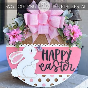 Joyeux lapin de Pâques avec accroche-porte papillon SVG, fichier 3D découpé au laser en couches, signe de porche de printemps, Glowforge, Xtool, Laser SVG