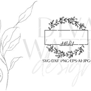 May include: Black and white line art design of a wreath with leaves and a rectangular box with the text "established" inside. The design is for a logo or branding element.