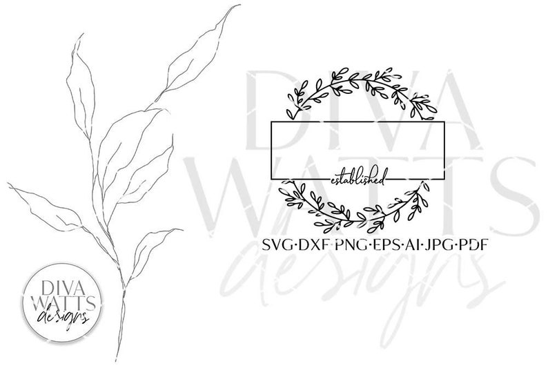 May include: Black and white line art design of a wreath with leaves and a rectangular box with the text "established" inside. The design is for a logo or branding element.