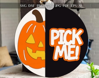 Lasergesneden deurhanger SVG | SVG-bestand pompoenbord | Pick Me Halloween-deurdecoratie | Digitale houten ronde Glowforge xTool-sjabloon