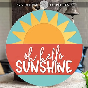 Zawieszka na drzwi wycinana laserowo SVG | Plik SVG Oh Hello Sunshine | Szablon okrągłego znaku z drewna DIY | Dekoracja letnia zgodna z Glowforge xTool