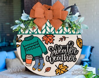 Sweater Weather Door Hanger SVG | Laser Cut Wood Sign Template | Fall SVG File for Glowforge xTool | DIY Digital Porch Decor Sign